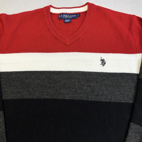 US Polo Assn Sweater Mens Large L Acrylic Striped Gray Red Black Long Sleeve - Picture 2 of 8